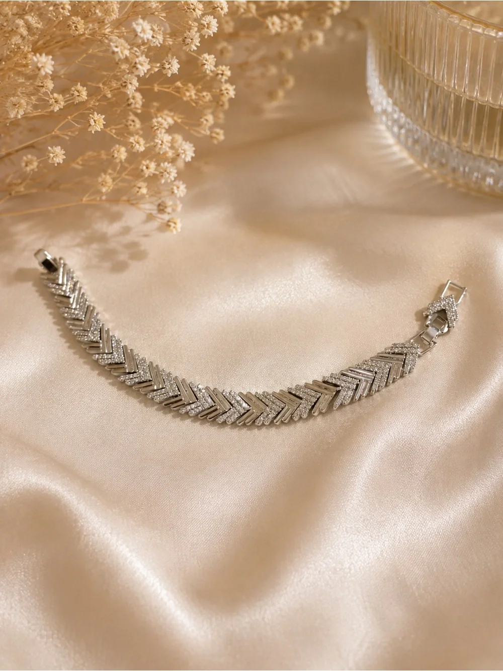 Silver-Tone Chevron CZ Bracelet- Elegant Sparkling Statement Jewerly